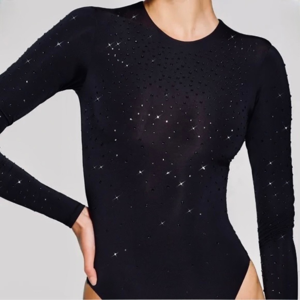 SWAROVSKI X SKIMS Jelly Sheer Long Sleeve Crew Neck Thong Bodysuit With Crystals